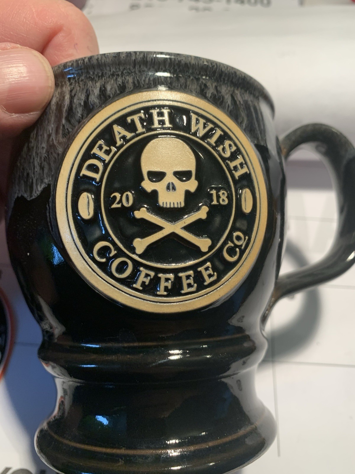 PAIR: 2018 Deneen Pottery Death Wish Coffee Co Black Footed Drip Glazed Mug New