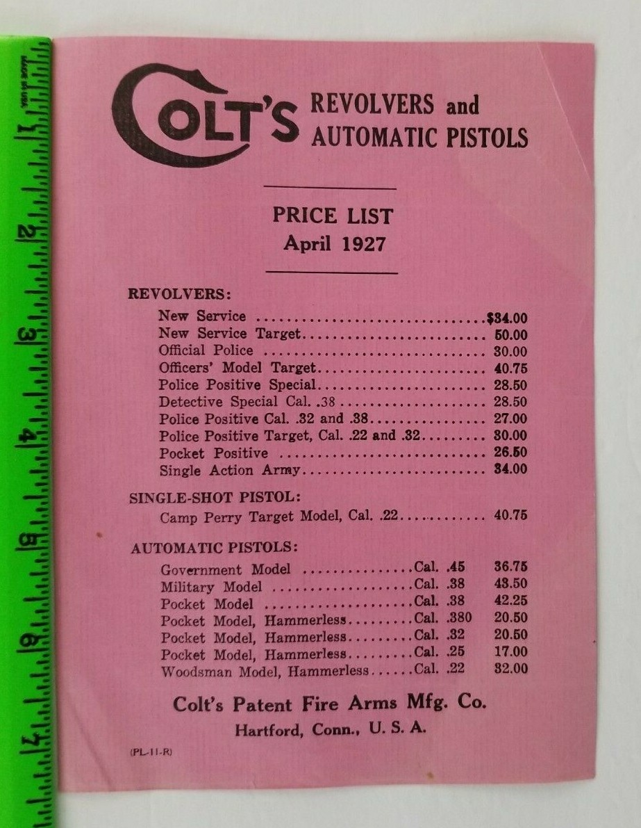 Vintage 1927 Colt's Revolvers Automatic Pistols Paper Price List Hartford Conn.