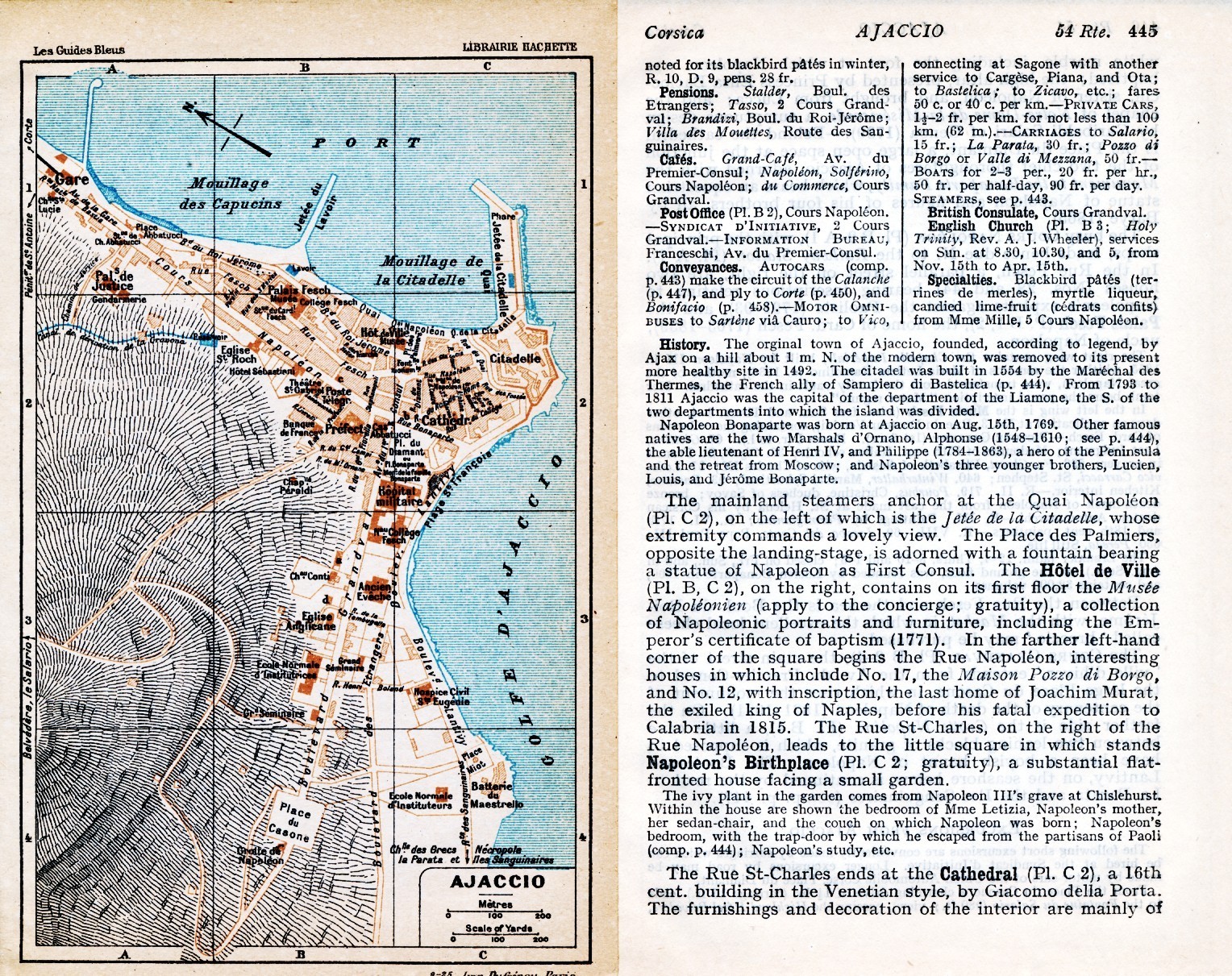 20 Ajaccio 1926 pt. original city plan + guide angl. (3 p.) Bonaparte Palais Fesch