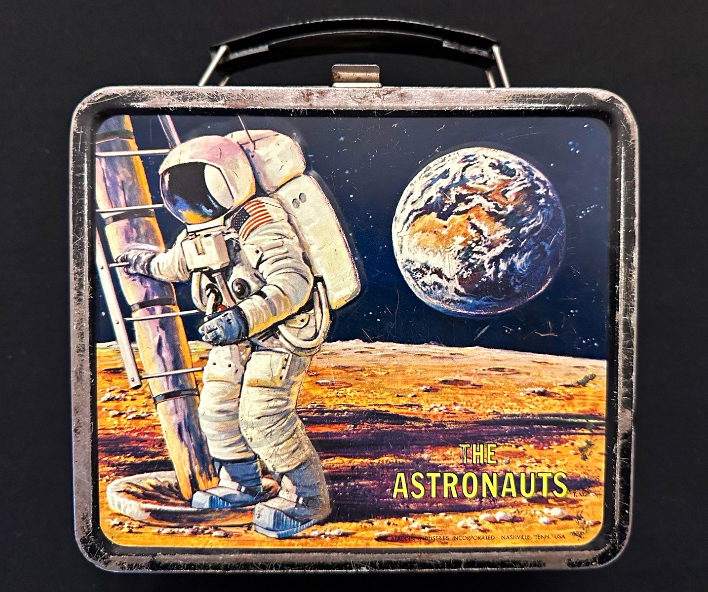 Vintage 1969 Aladdin The Astronauts Metal Lunch Box Apollo 11 NASA Moon Black Vintage 1969 Aladdin The Astronauts Metal Lunch Box Apollo 11 NASA Moon Black
