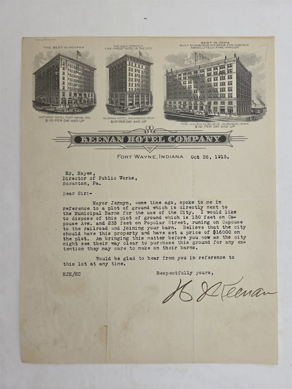 1915 antique KEENAN HOTEL COMPANY fort wayne in REAL ESTATE letter SCRANTON PA