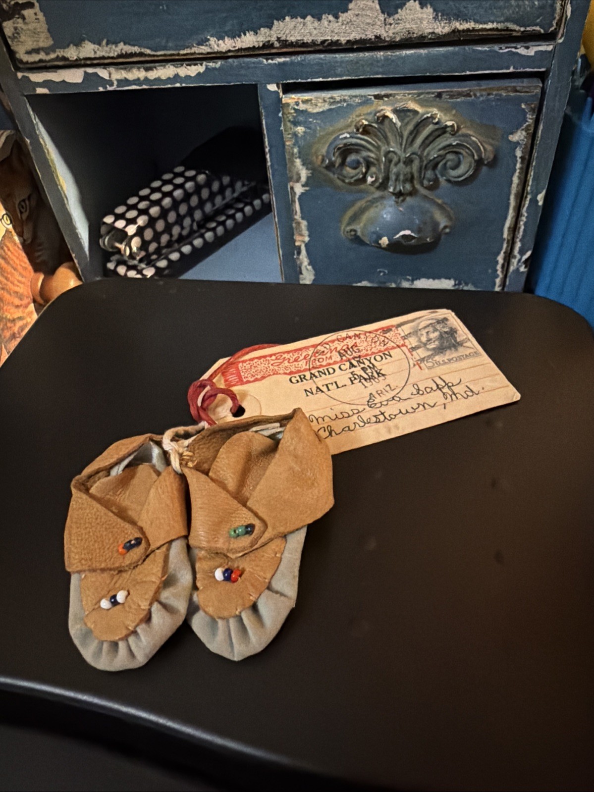Vintage Grand Canyon Souvenir  Miniature Leather Beaded Moccasins Signed Tag