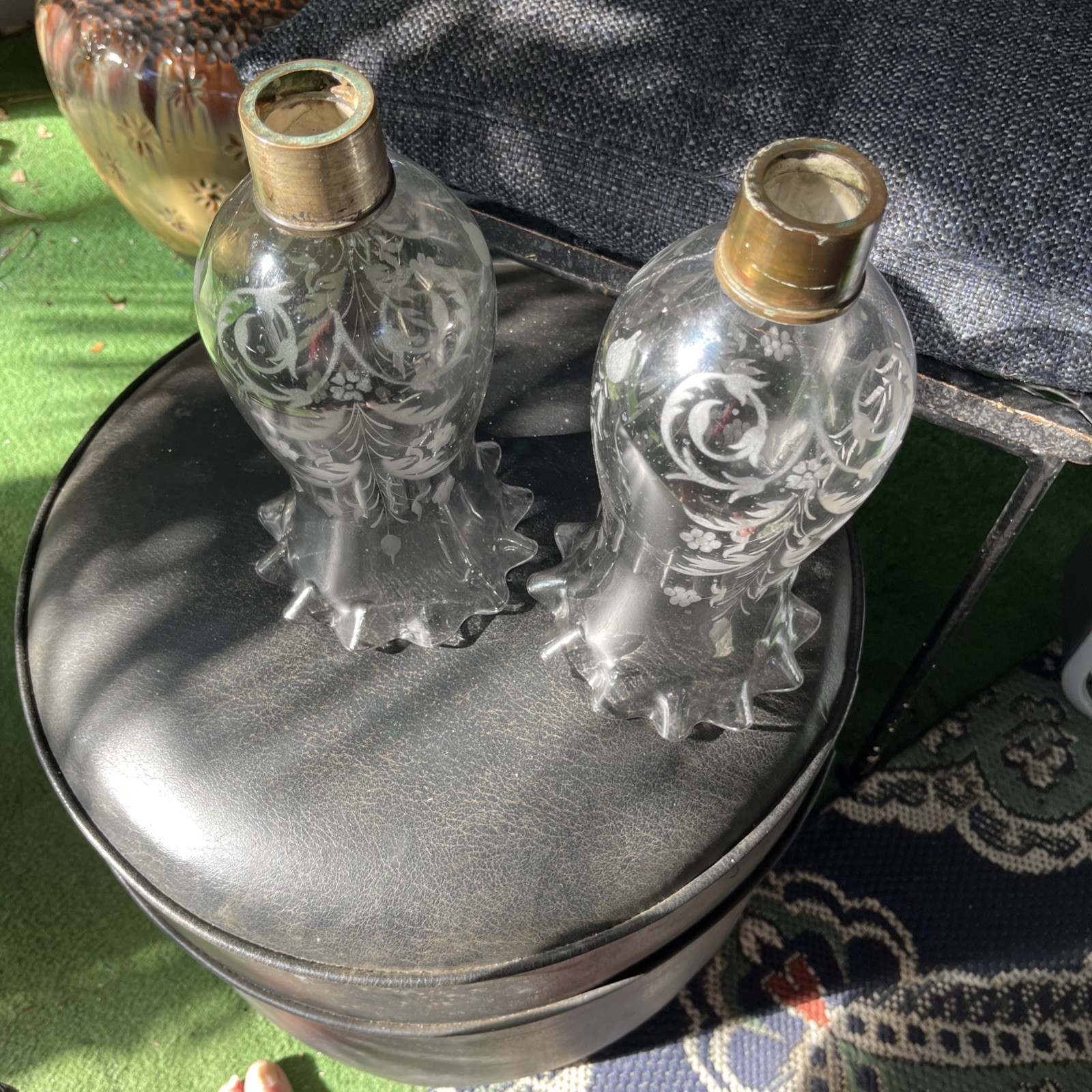 Pair etched glass ruffled rims Hurricane 10” Shades for Candle 1.5” fitter Pair etched glass ruffled rims Hurricane 10” Shades for Candle 1.5” fitter