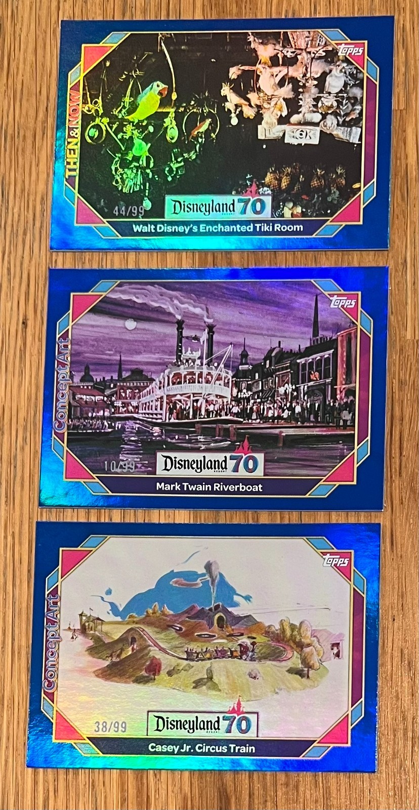 2025 TOPPS Disneyland 70th (3) Card Blue Foil Lot /99 Tiki Mark Twain Casey Jr