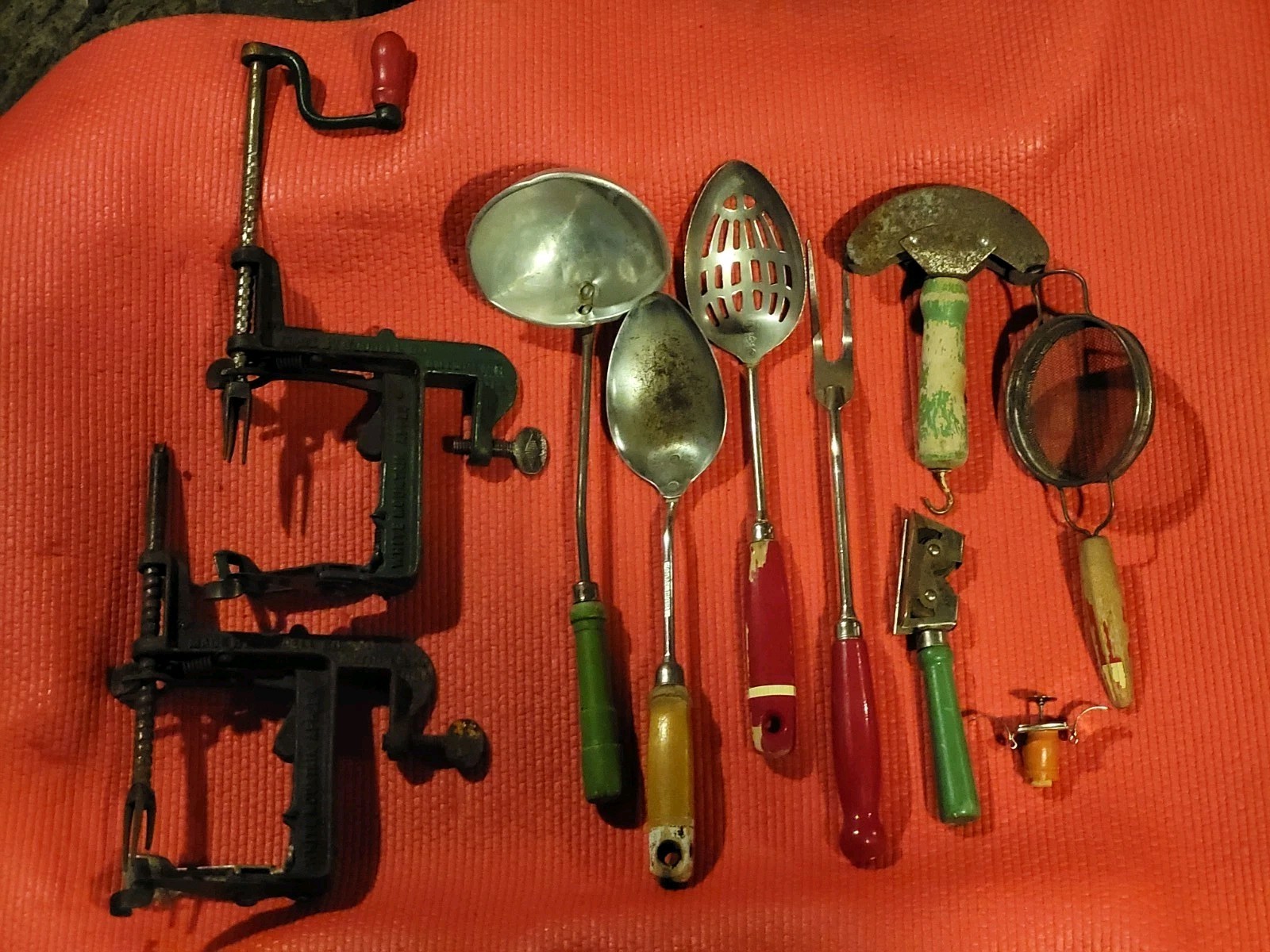Vintage Red & Green Wooden Handled Kitchen Utensils & Apple Peelers (Lot Of 10)