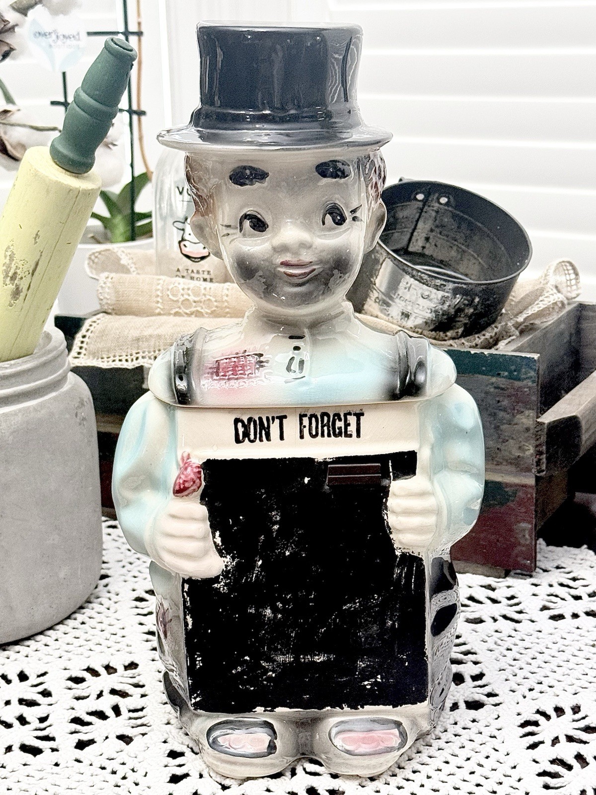 HTF Vintage 1955 American Bisque Blackboard Hobo / Clown Cookie 🍪 Jar ~  FAB