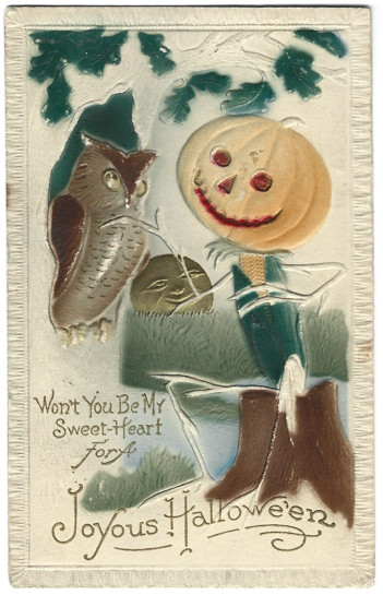 1912 Embossed Halloween Postcard JOL Man Proposing to Owl Gold Moon Posted
