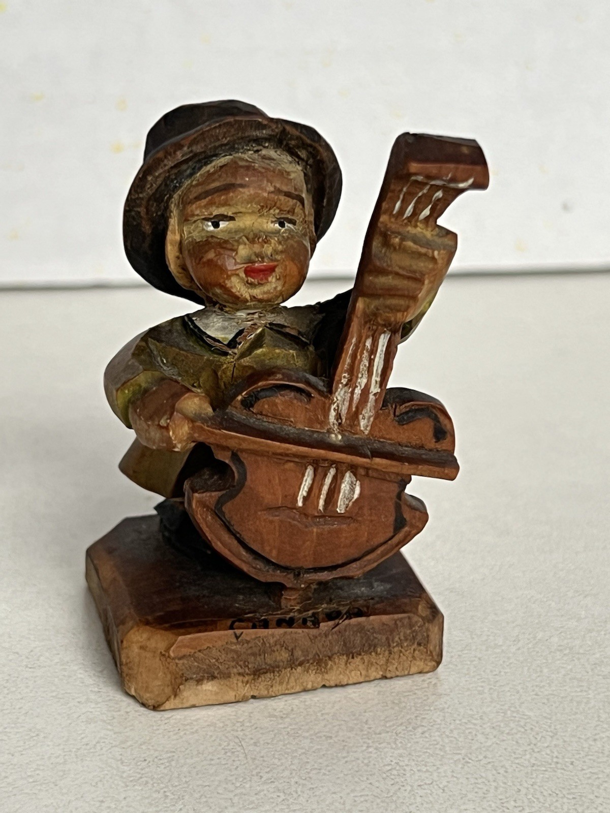 Hand Carved Painted Wood Folk Art Vintage Figure Boy Cello Bass ANRI?