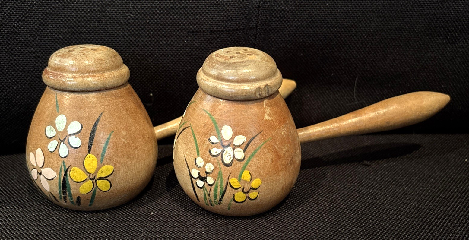 Vintage Made in Japan Wood Salt Pepper Shakers Hand Painted Floral Long Handles