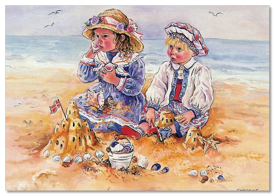 Pretty LITTLE Baby Girl Boy on the seashore Toy ART NEW modern Postcard