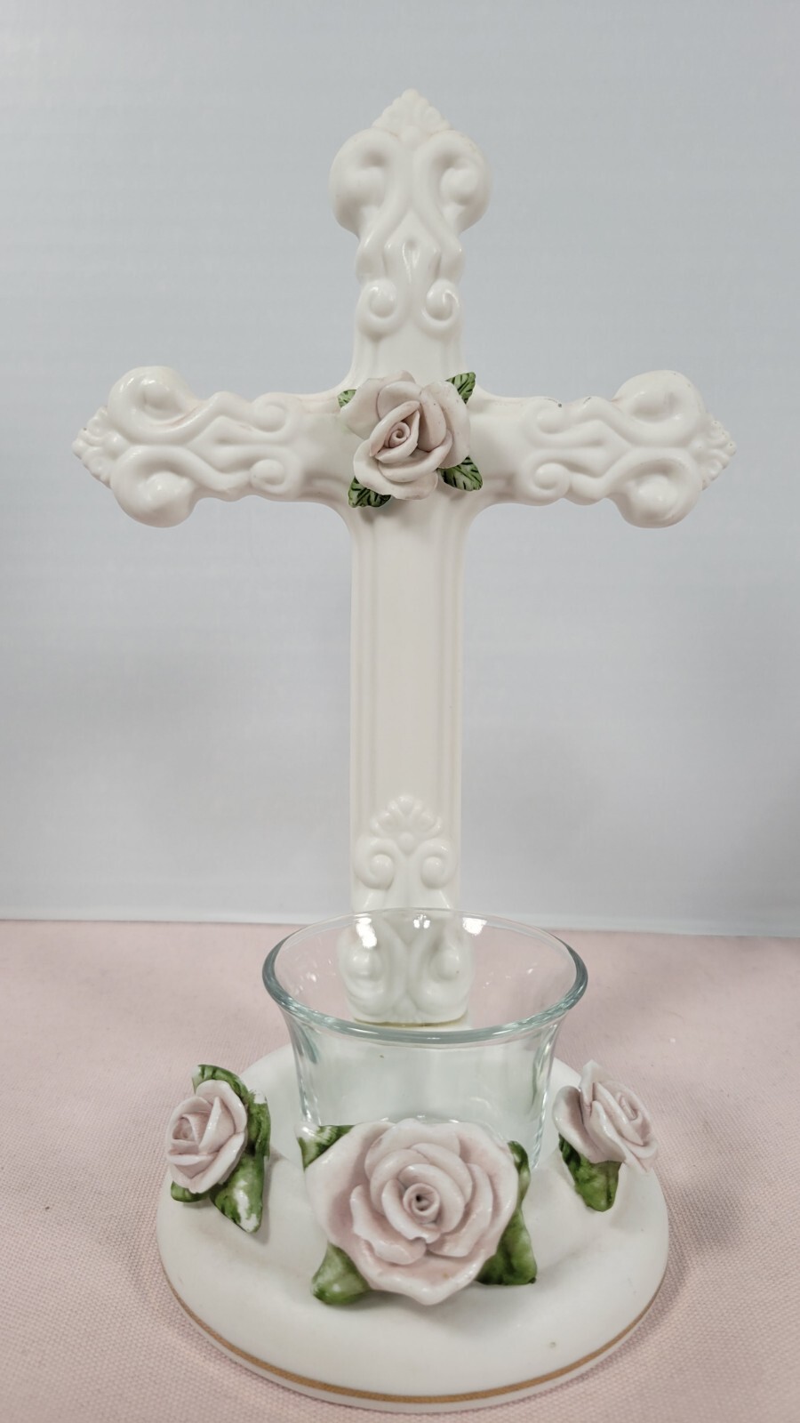 Vintage Teleflora Bisque Ceramic Cross with 3-D Roses Votive Tea Candle Holder