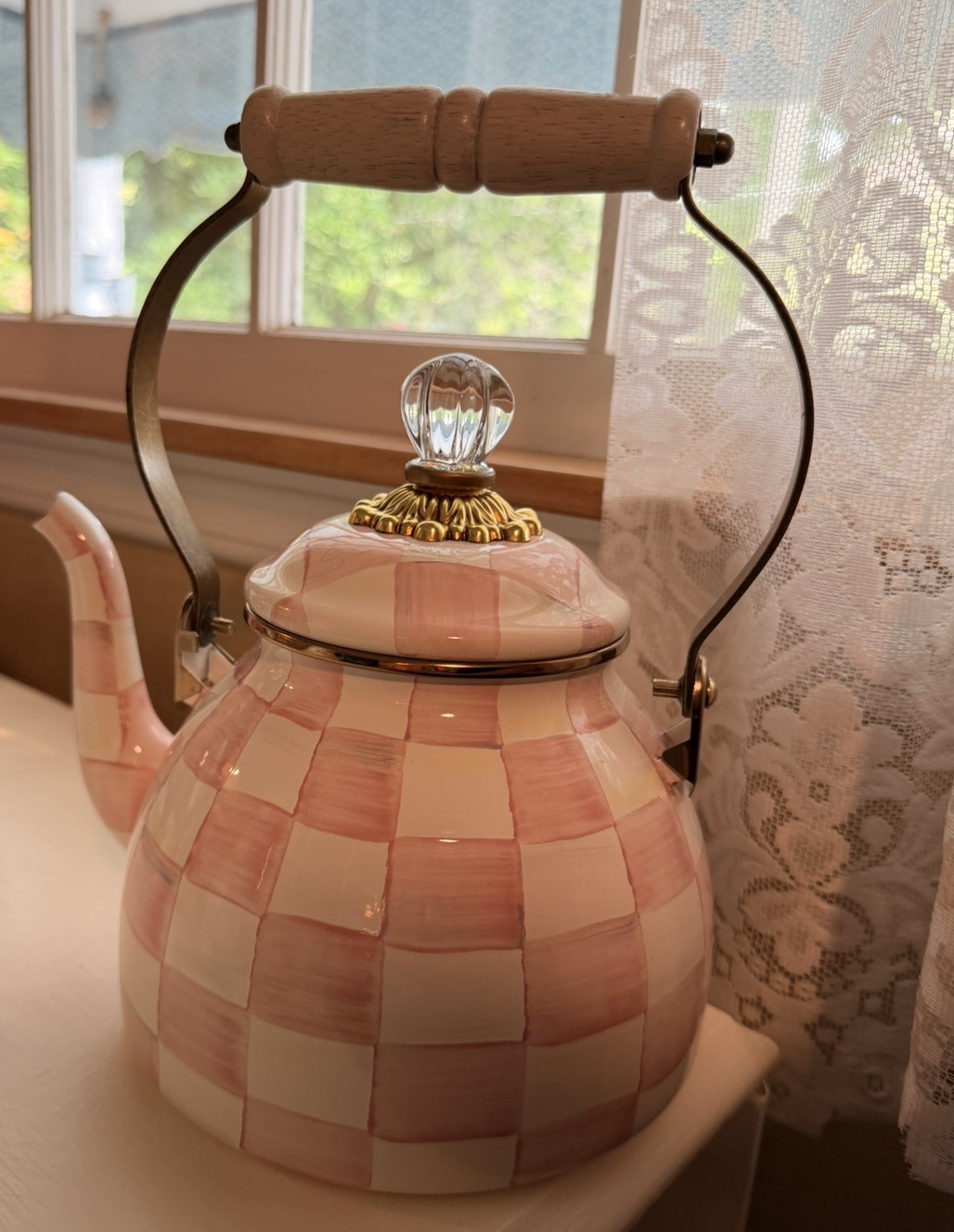 MacKenzie-Childs in ROSY CHECK 2 Quart Tea Kettle Hand Painted Pink & White