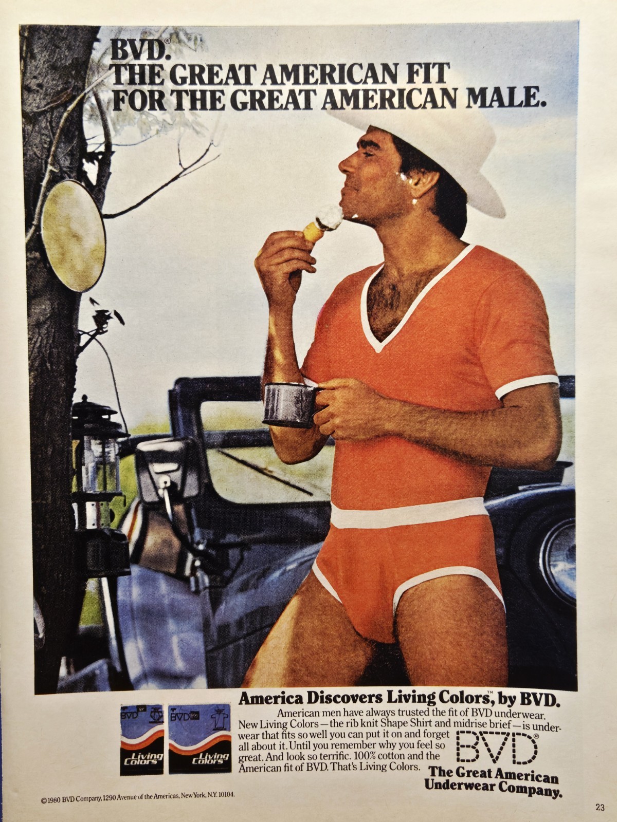 1980 BVD Men\'s Underwear Red Print Ad - Man Jeep Camping Shaving **Read Descr**