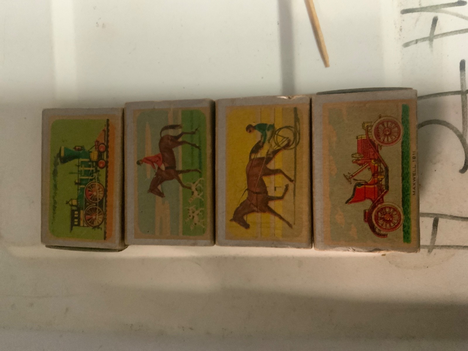 4 VINTAGE Ohio Blue Tip Match Boxes Empty Horse Dogs Equestrian Train Locomotive
