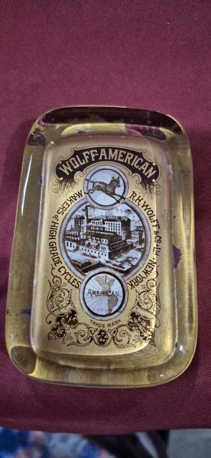 Antique 1890s Wolff-American Bicycle Glass Advertising Paperweight NY Cycle Boom