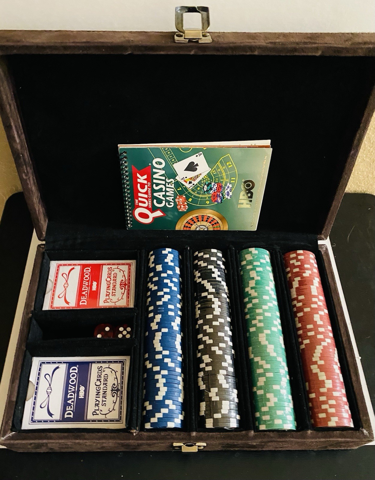 VTG Rare Deadwood HBO show Gamblers Kit - Suede Case- Cards- Poker Chips- Dice
