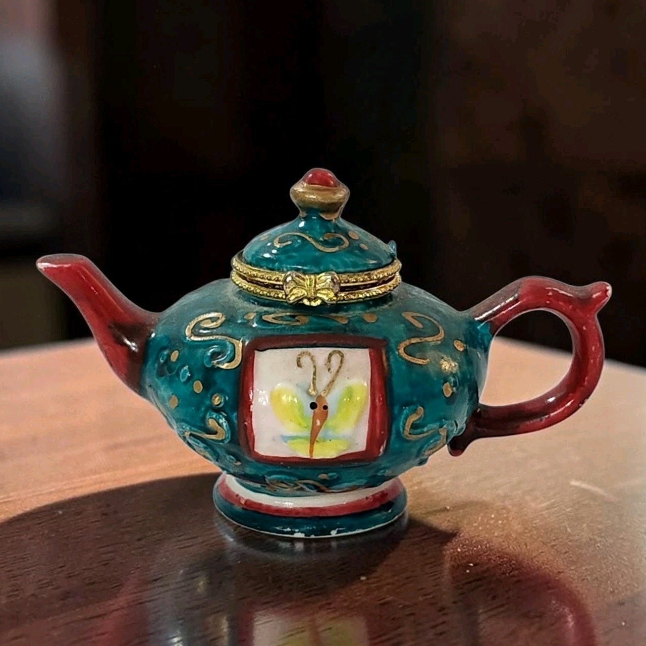 Vtg Miniature Teapot Hinged Trinket Pill Box Butterfly Teal & Fushia 2.5\