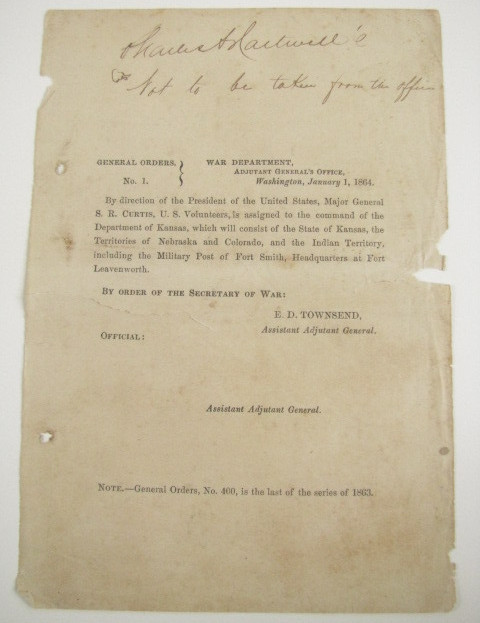 CIVIL WAR IOWA GENERAL SAMUEL R CURTIS COMMAND ORDER 1864