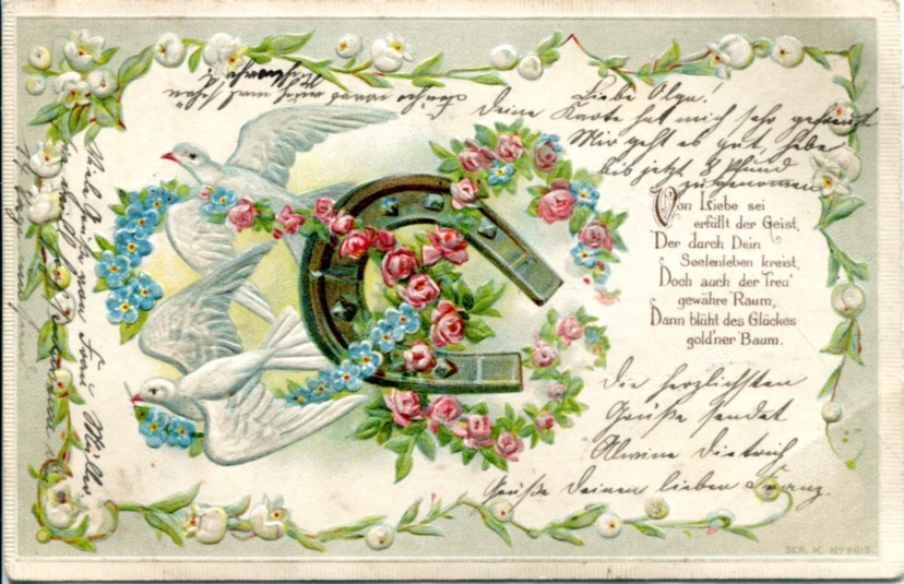 Ancient Ak, Embossed Glück-ak With Horseshoe, Pigeons, Flowers And Saying, 1904