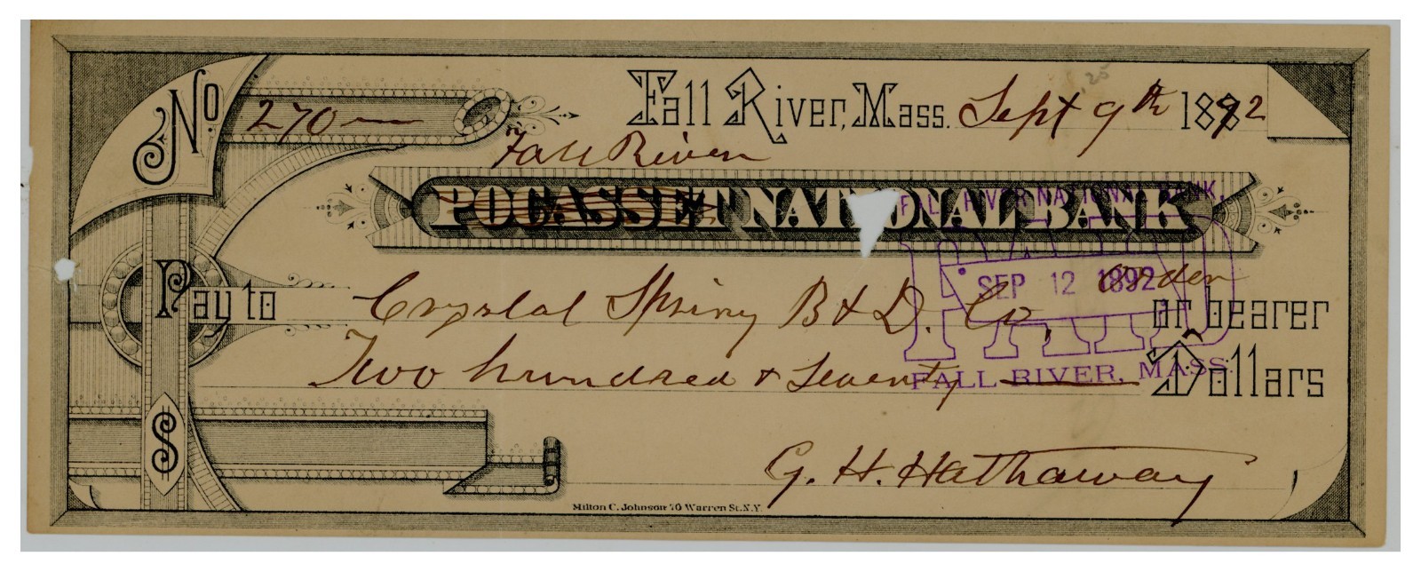 1892 Fall River Massachusetts Bank Check G.H. Hathaway to Crystal Spring B&D C 1892 Fall River Massachusetts Bank Check G.H. Hathaway to Crystal Spring B&D C