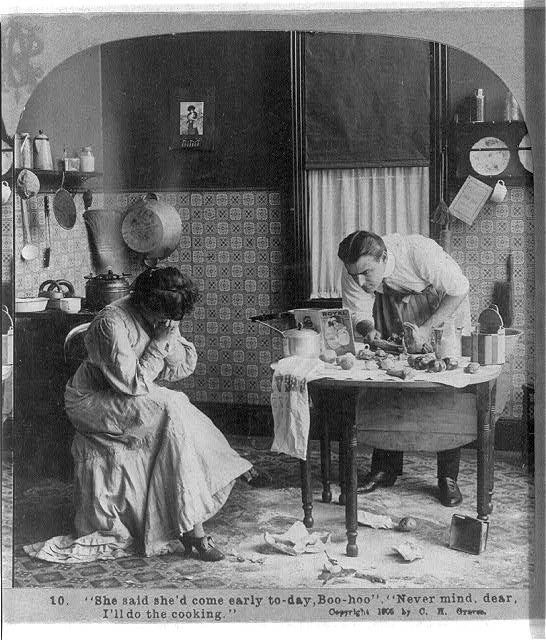 Photo:1905 Man Cooking Woman Crying Domestic Kitchen Humor Scene