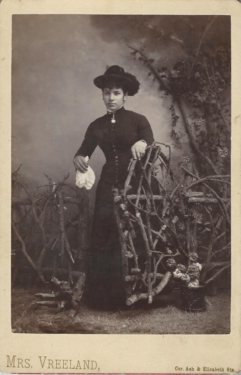 A BEREAVED WOMAN IN THE WOODS IN McPHERSON, KS -FEMALE PHOTOGRAPHER, CAB CARD