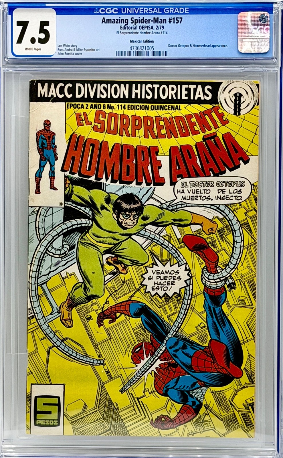 Amazing Spider-Man #157 Mexican Edition CGC 7.5 White Pages OEPISA Rare