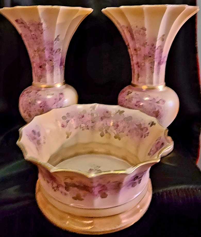 3 Pc Beckwith Zapun Porcelain Floral Vases & Fruit Bowl - Console/Mantle/Vanity