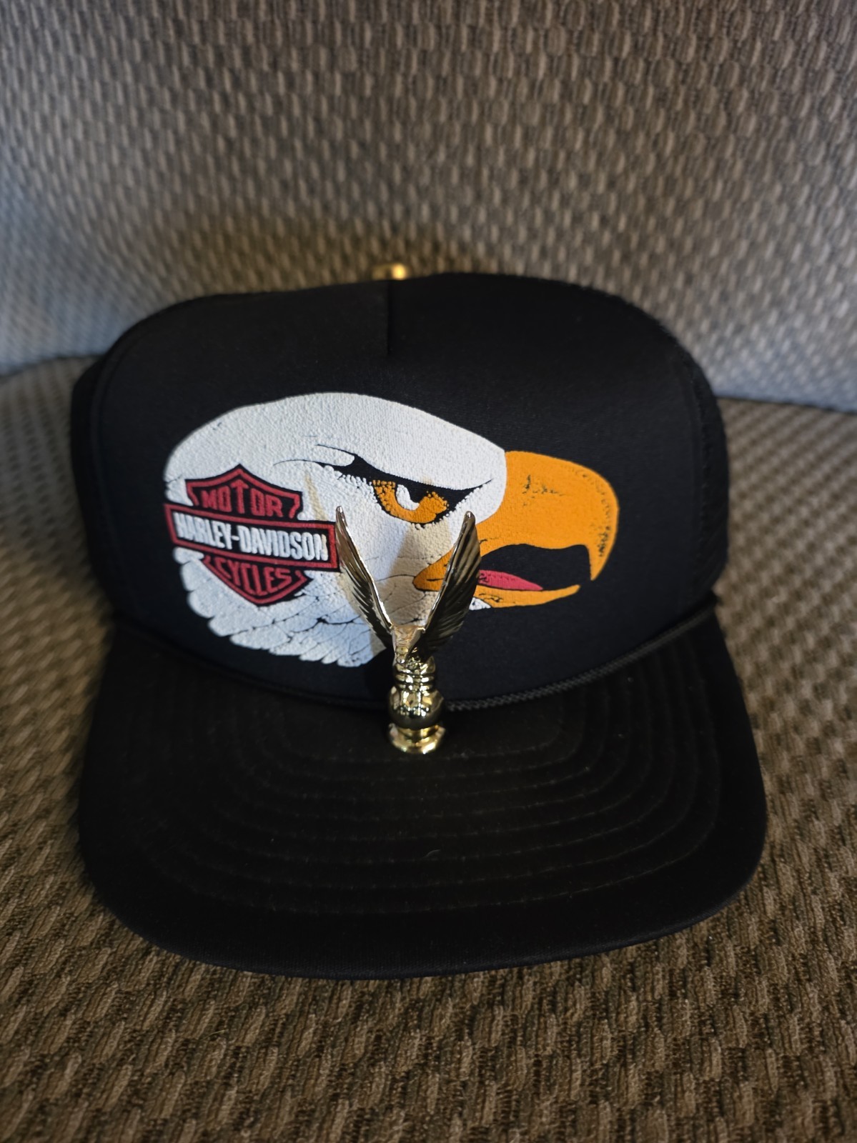 VTG 80s 90s Harley-Davidson Eagle Head Mesh Trucker Hat Snapback Black USA