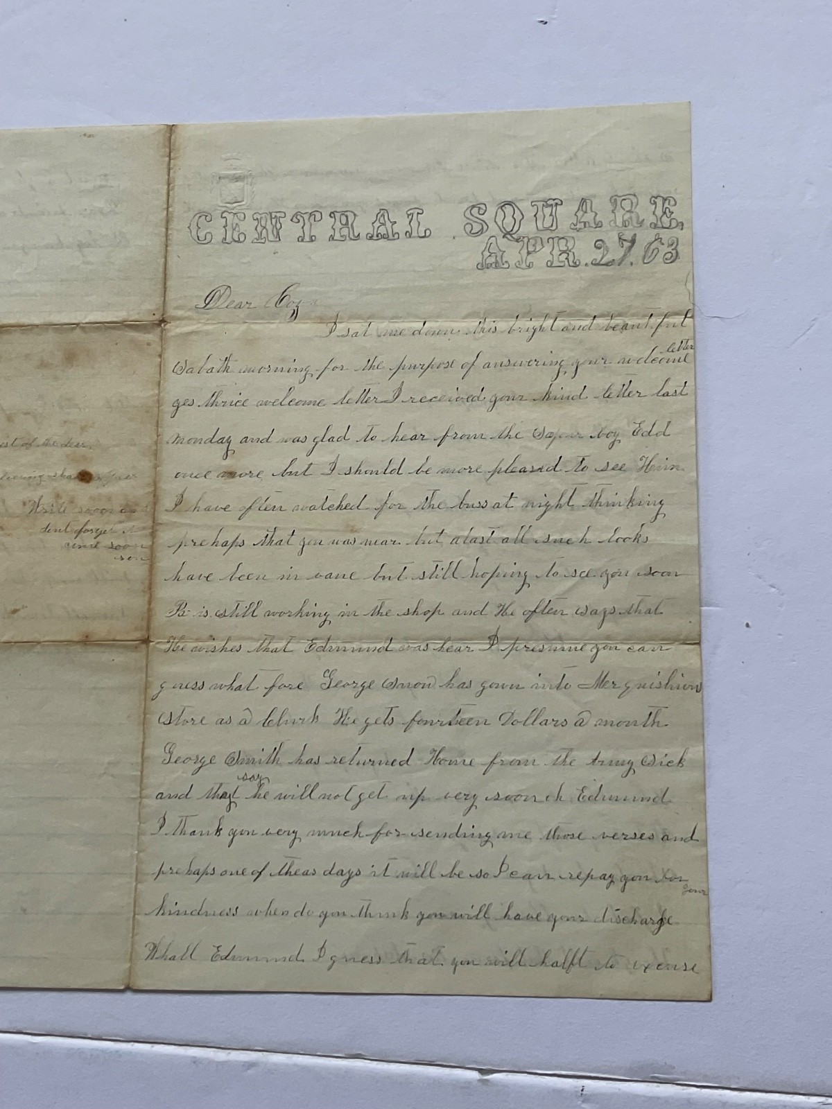 CIVIL WAR LETTER TO SOLDIER FROM LOVE ONE MENTIONS SOLDIERS GO HOME SICK