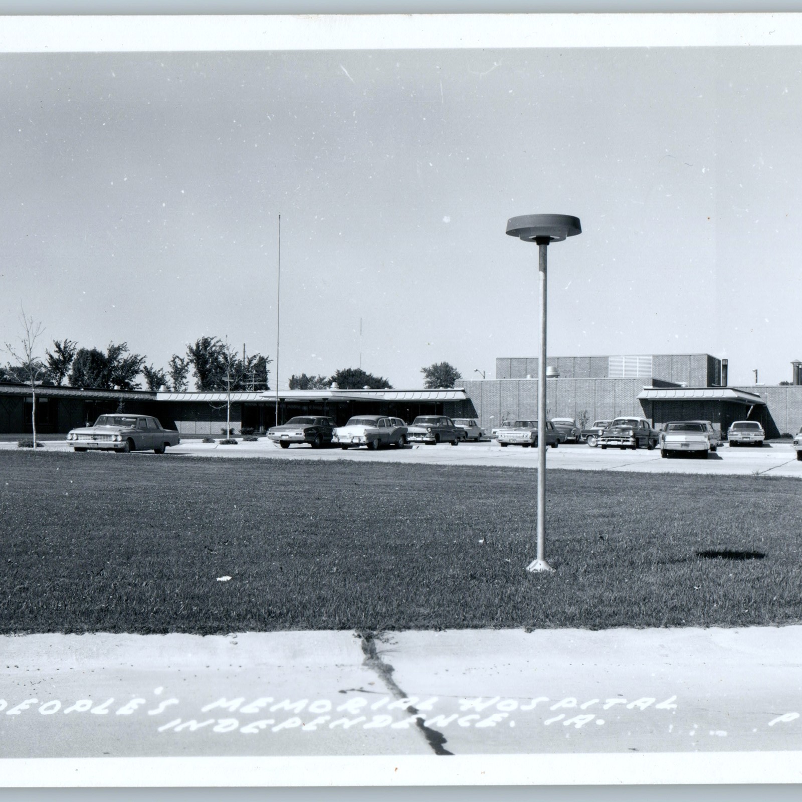 c1960s Independence, IA Peoples Memorial Hospital RPPC Chevy Cars Postcard