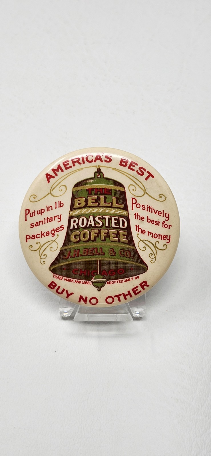 Vintage Chicago 1899 J.H. Bell & Co. Roasted Coffee Celluloid Advertising Mirror