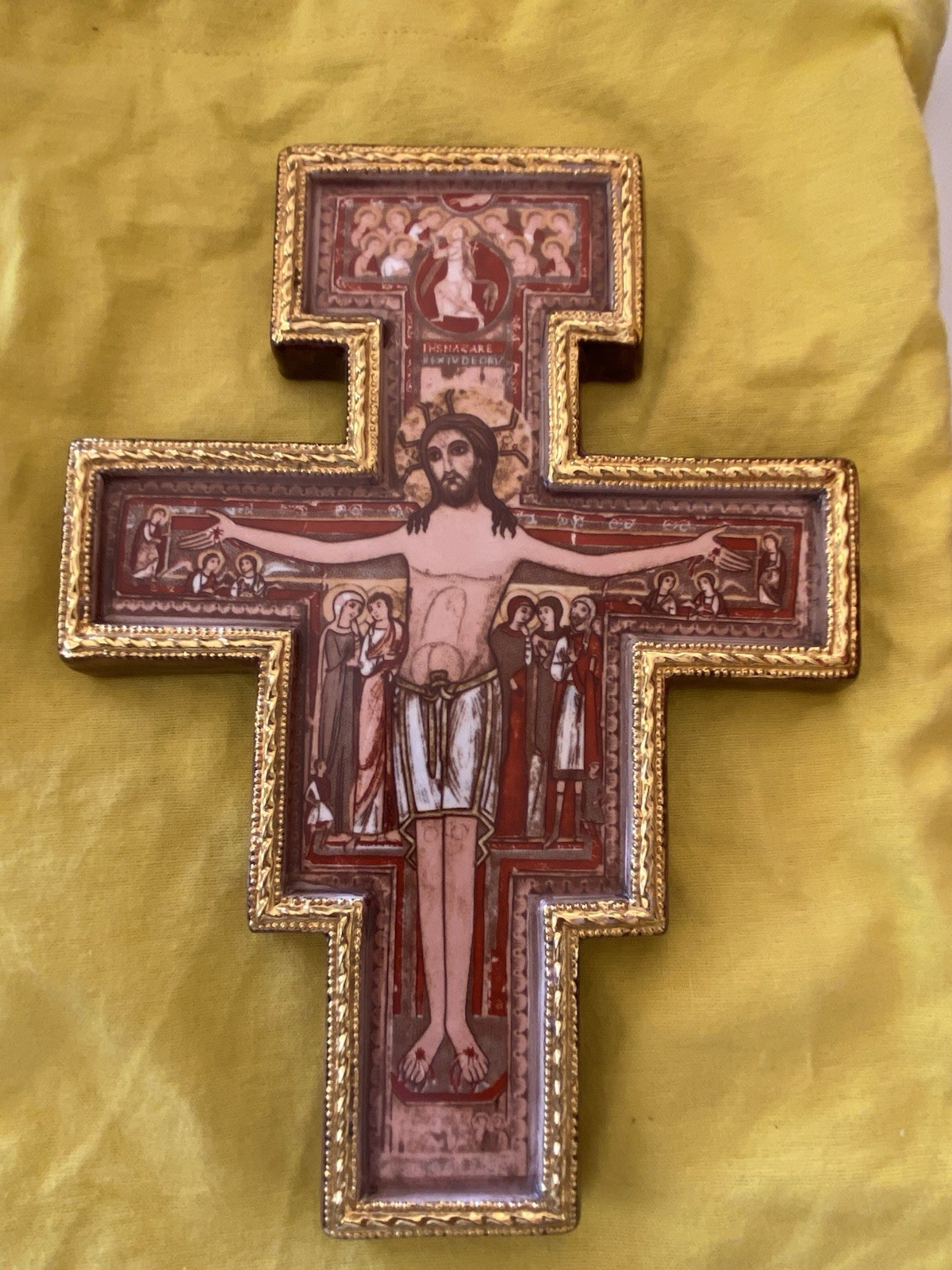 New Gilt Gold/Porcelain 10” Cross/StFrancis Crocifisso CheParlo AS Francesco