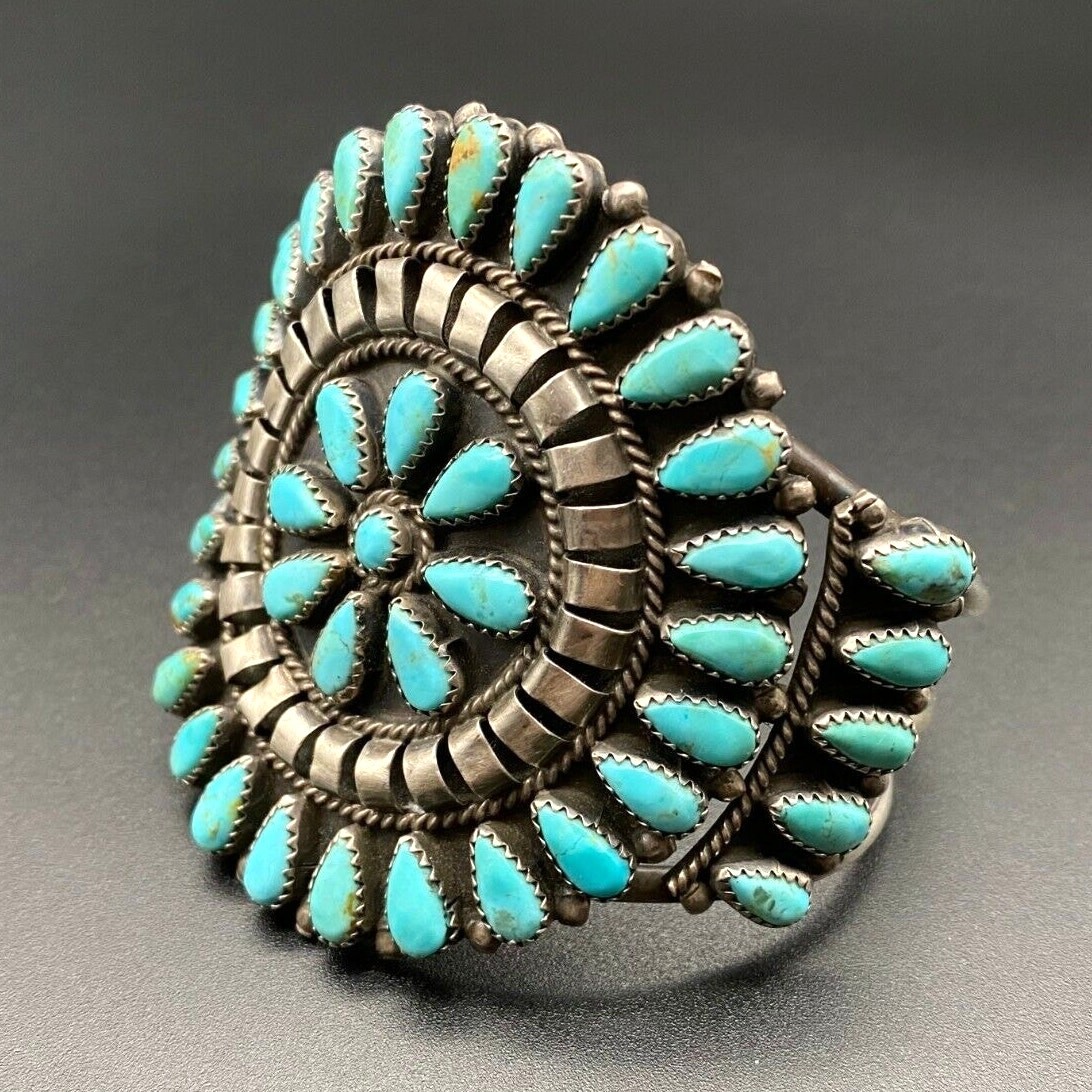 Vintage Navajo Native Turquoise Cluster Sterling Silver Bracelet Cuff 7-1/8