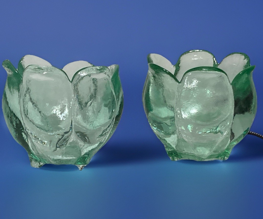 Pair Spanish Texture Recycled Green Glass Tulip Footed Votive Candle Holder VNT