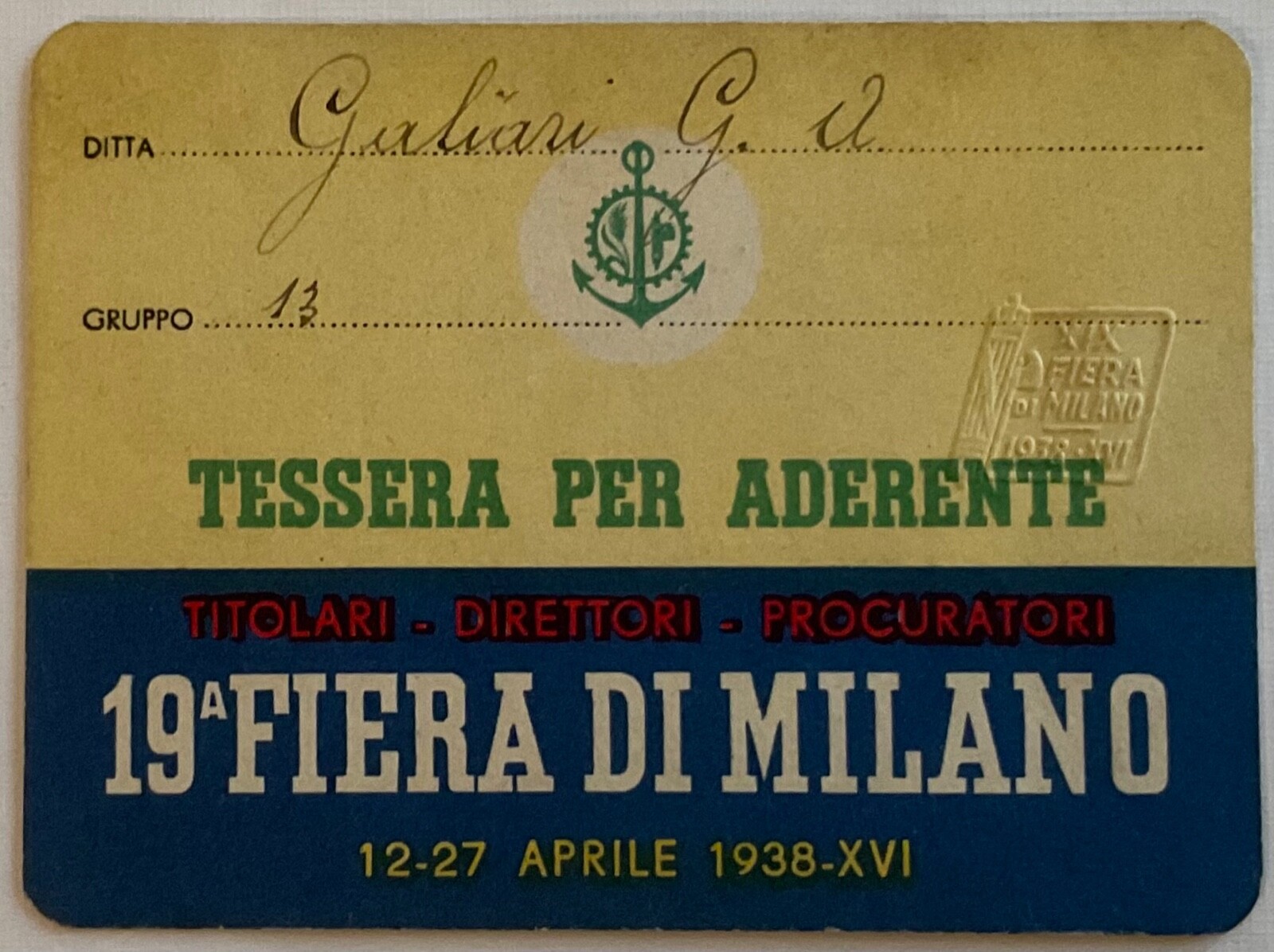 FIERA DI MILANO 19th CAMP. INT.LE MEMBER CARD HOLDERS DIRECTORS 1938 XVI°