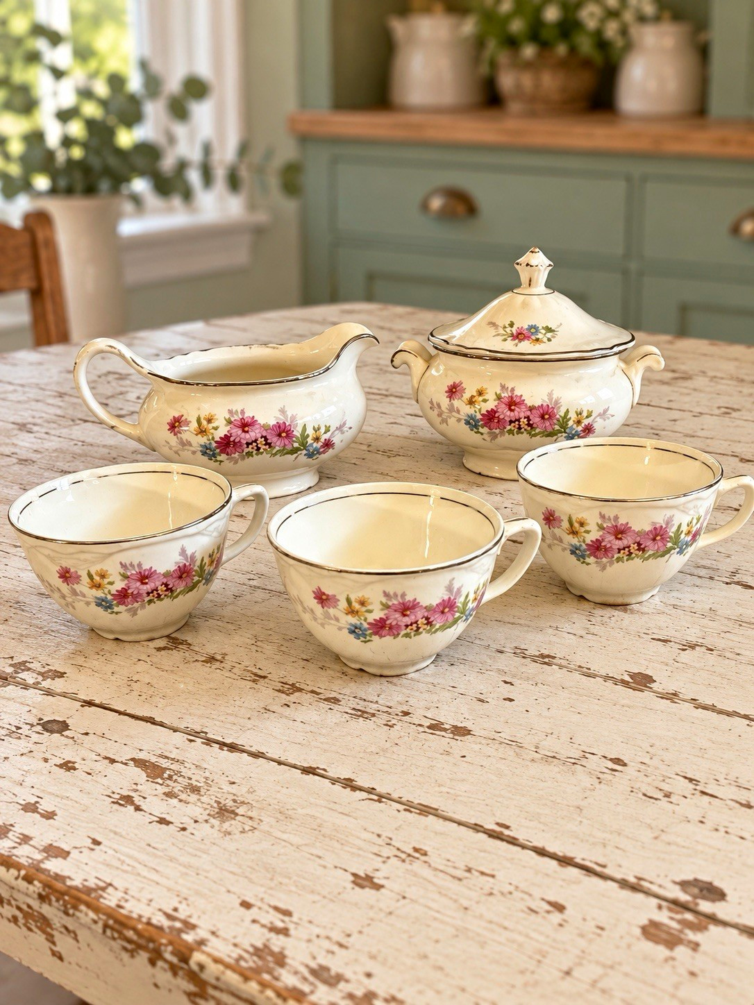 Vintage Homer Laughlin Virginia Rose 5-Piece Lot – 3 Cups, Creamer & Sugar Bowl
