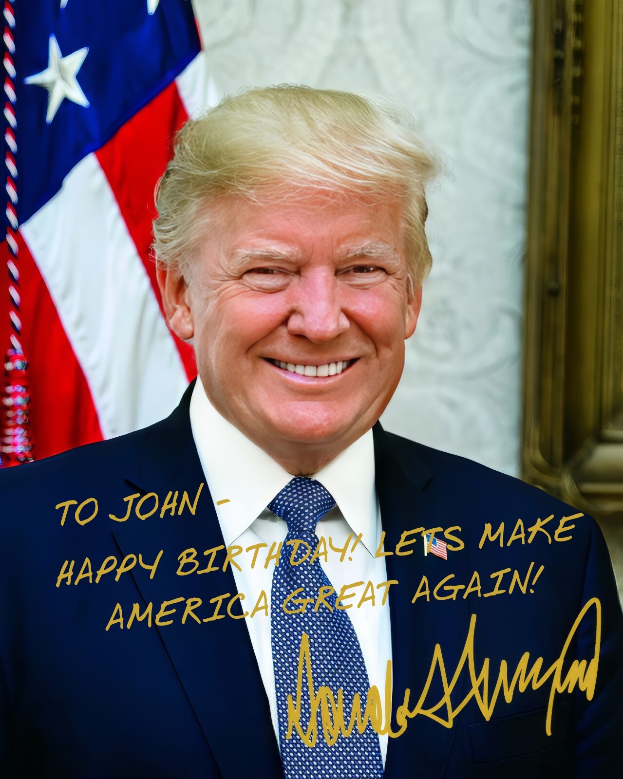 PERSONALIZED PRESIDENT DONALD TRUMP HAPPY BIRTHDAY GOLD AUTOGRAPH 8X10 PHOTO