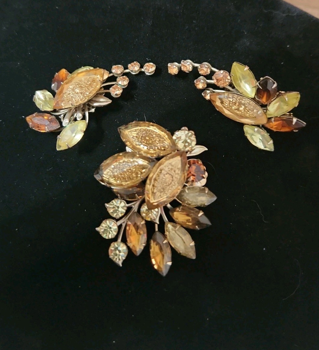 Lot Vintage JUDY LEE Earrings & Brooch Reverse Carved Rhinestones Topaz CLIP ONs