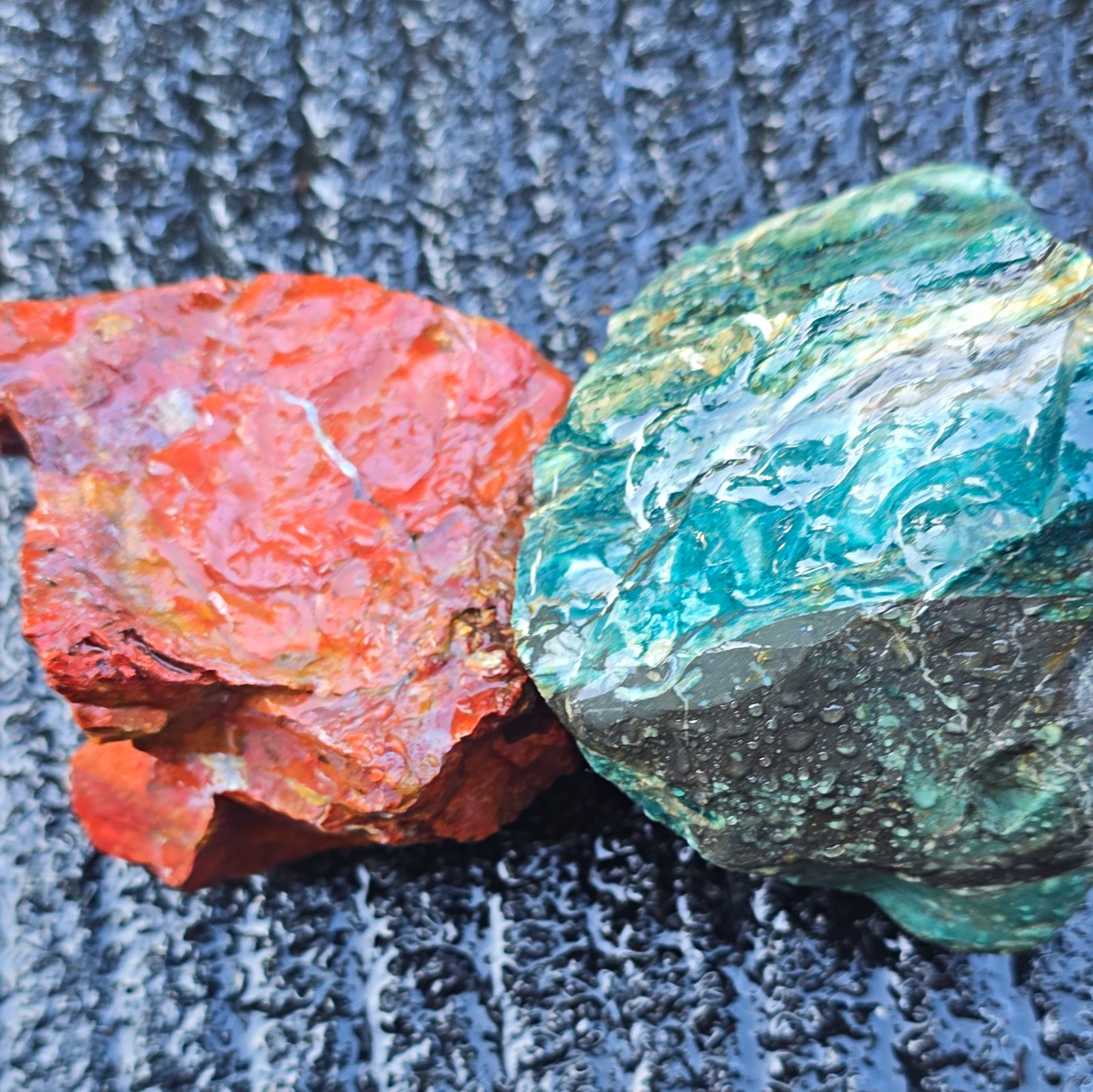 Lot of 2 Rough Mineral Rocks Uncut Specimens - Green Blue Red Brown