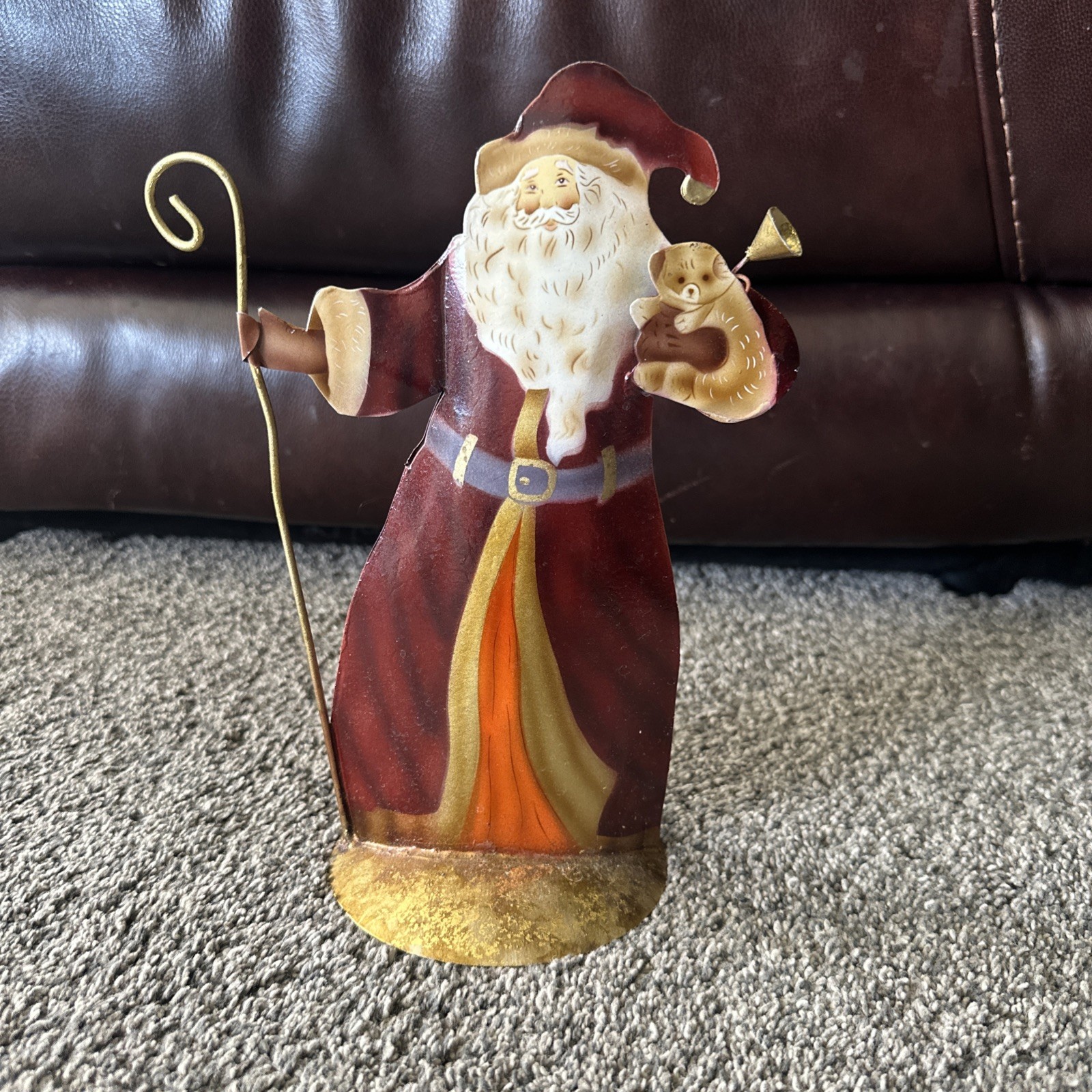 Vintage 1998 Enesco Metal Figure Old World Santa 10” Red Coat Puppy
