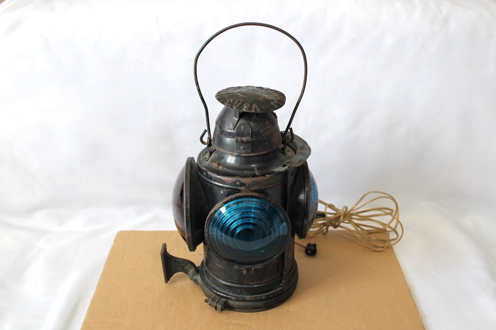 VINTAGE HANDLAN ST LOUIS USA 4 WAY RAILROAD SIGNAL LANTERN LAMP-TESTED & WORKING