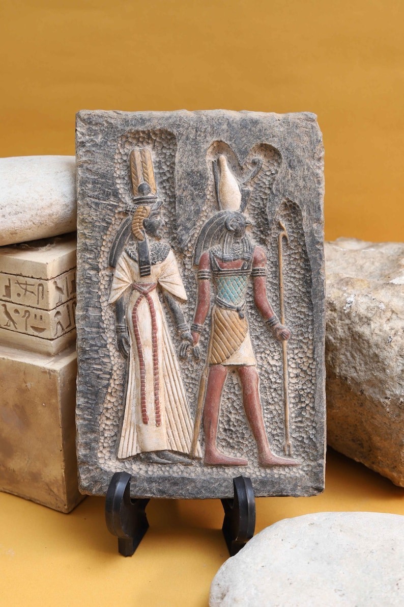 Falcon God Horus & Queen Cleopatra Stone Relief - Egyptian Antiquity
