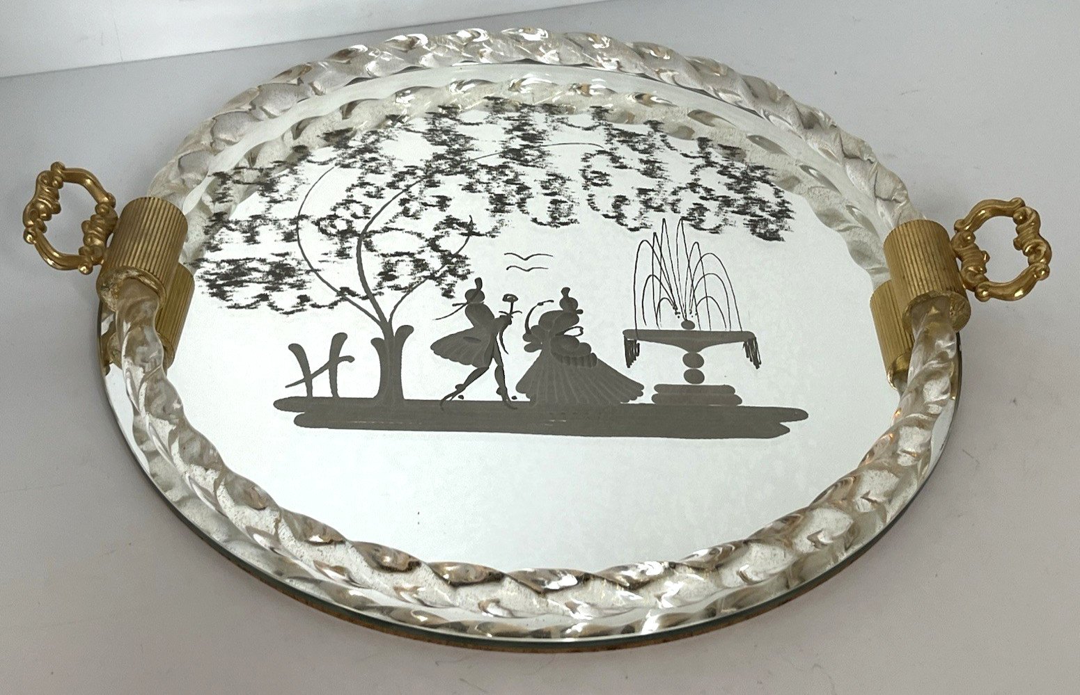 Murano Glass Mirrored Reverse Etched Glass Vanity Round Tray Laguna Venezia