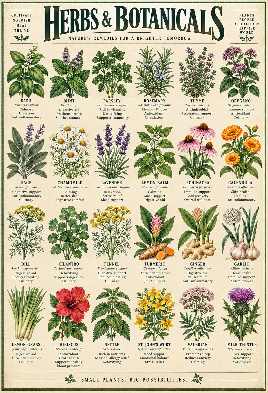 Herbs & Botanicals Vintage Botanical Identification Chart Poster 13x19