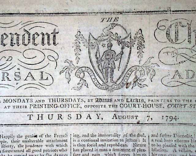 Nice 18TH CENTURY American Boston w / Nice Masthead Engraving 1794 Newspaper  