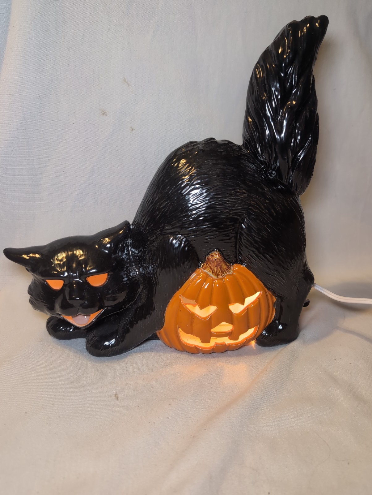Vtg 80s Ceramic Halloween Black Cat Jack O Lantern TV Iamp Light Table Decor 11\
