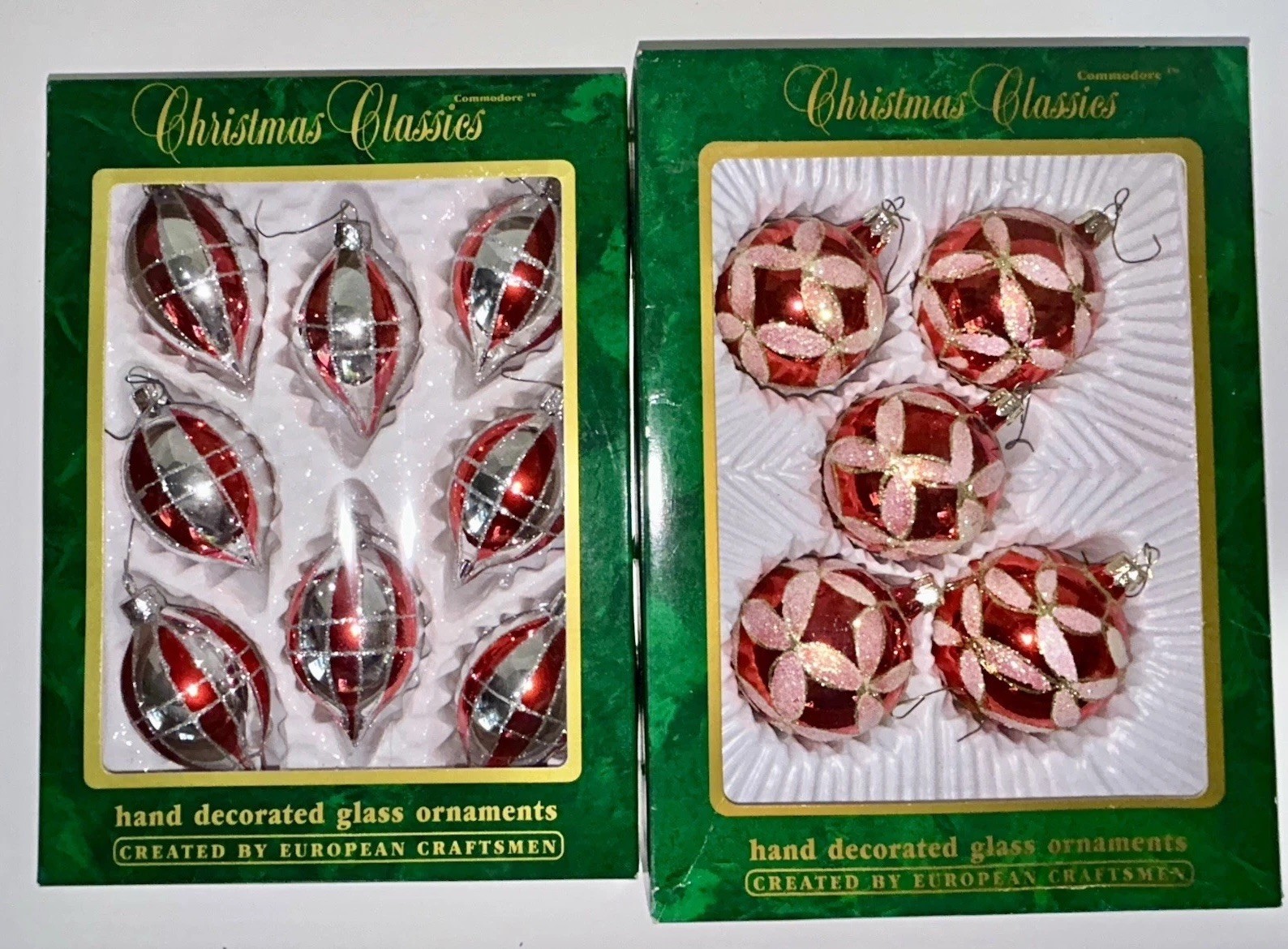 VTG Commodore Christmas Classics Romania Glass Ornaments 13 Pc 2 Box Set