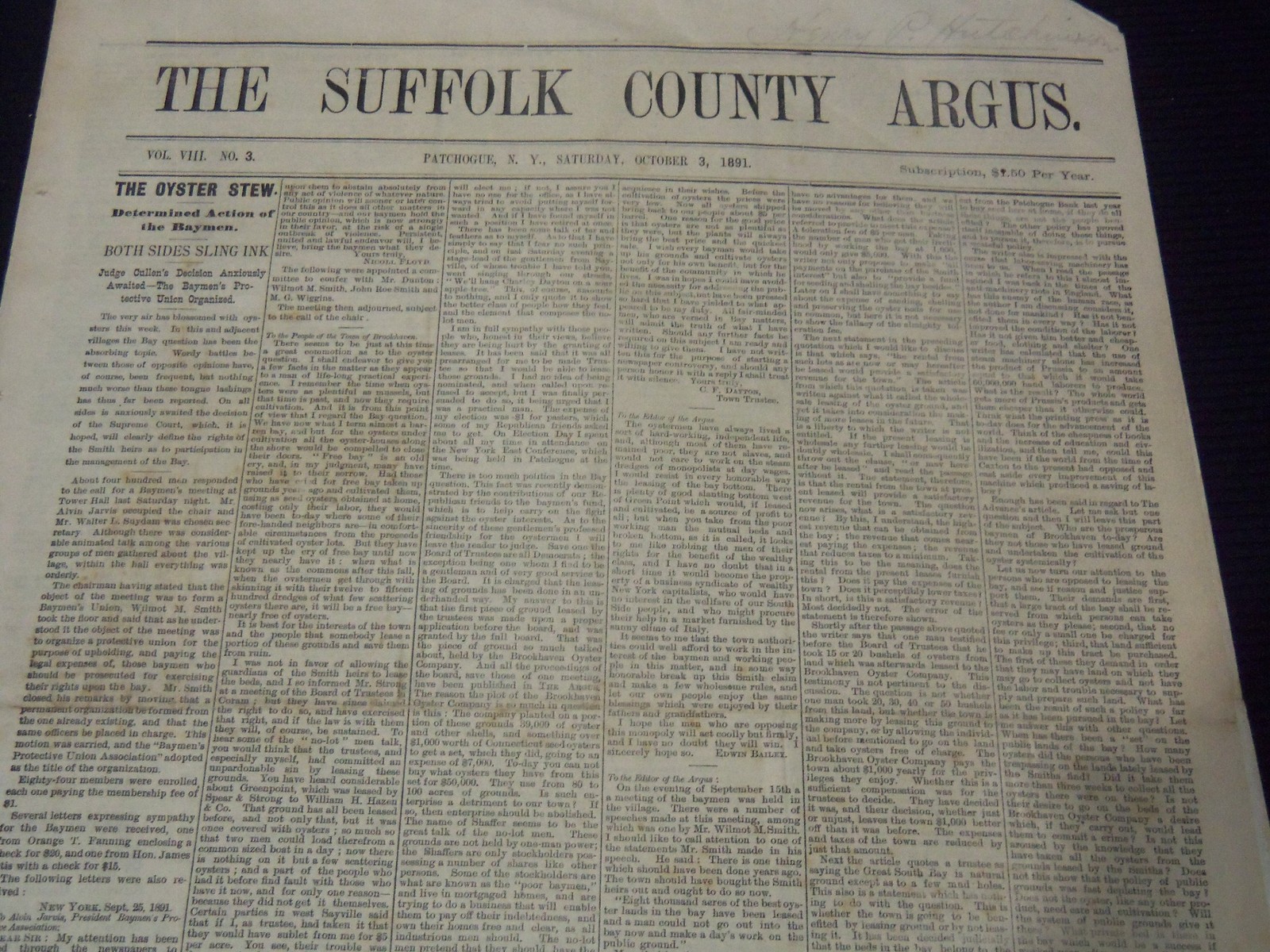 1891 OCTOBER 3 THE SUFFOLK COUNTY ARGUS NEWSPAPER - CAP ANSON - NT 9606