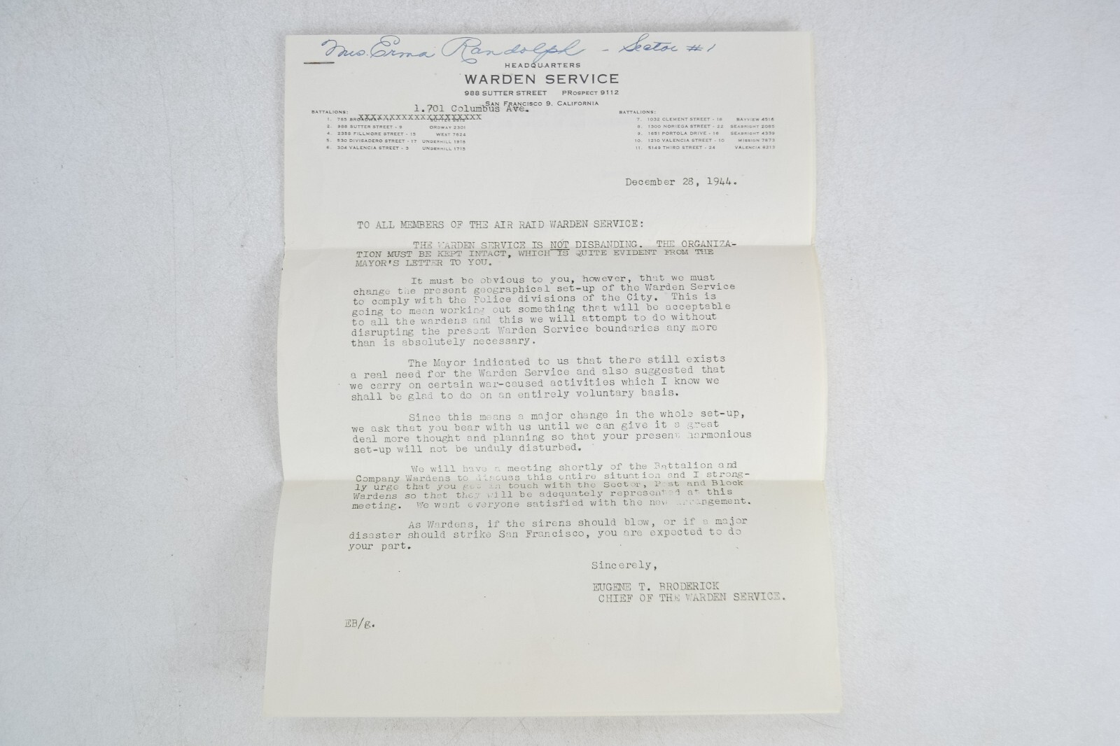 WWII Ephemera, 1944 Letter, San Fran Warden Service & Mayor to a Mrs. Randolph